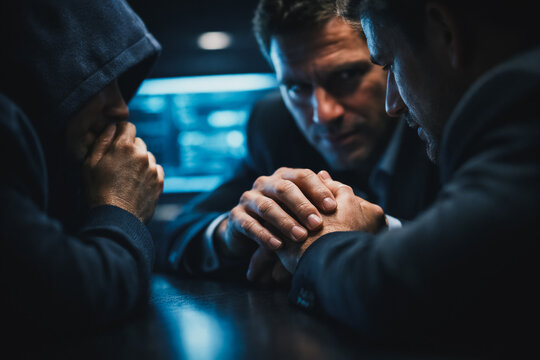 Secret meeting in the dark: Tense undercover negotiation or criminal conspiracy discussion among three men, focusing on drama, espionage, investigation, and corporate corruption.