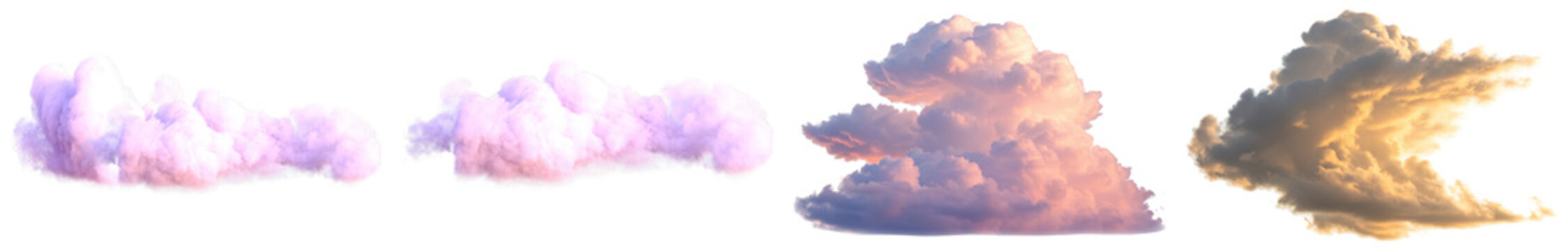 collection of realistic cumulus and stratocumulus clouds in various shapes and lighting, isolated on transparent background.