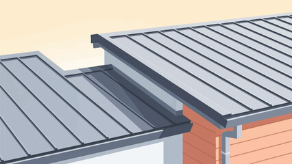 Two grey corrugated metal roofs meeting above a pale orange building
