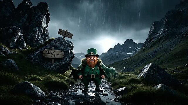 Intense, bearded leprechaun character stands defiantly on a rugged, wet mountain path under a dramatic, stormy sky with warning signs posted nearby.