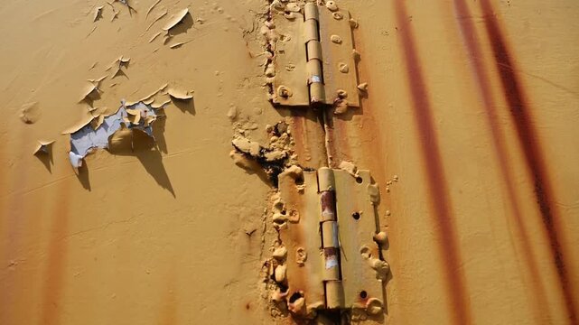 Close-up of old metal hinges with peeling paint, showing signs of wear and tear