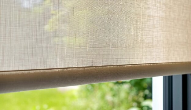 Close-up of beige roller blinds partially lowered on modern black-framed windows, natural light filtering through semi-transparent fabric shades