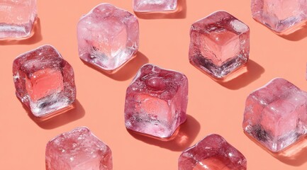 Obraz premium Close-up of multiple ice cubes with a pinkish hue arranged on a light orange background. The cubes are partially transparent