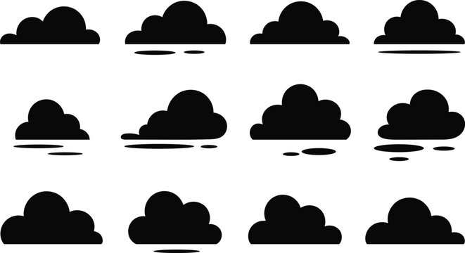 Collection of twelve stylized black cloud icons with subtle shadow elements isolated on a transparent background