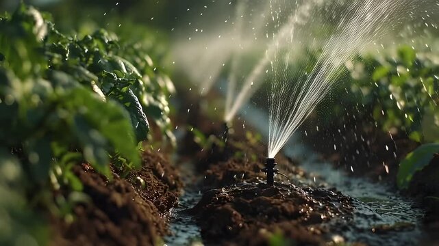 Automated irrigation system actively watering a field of green plants, demonstrating efficient agricultural practices for crop growth and sustainability