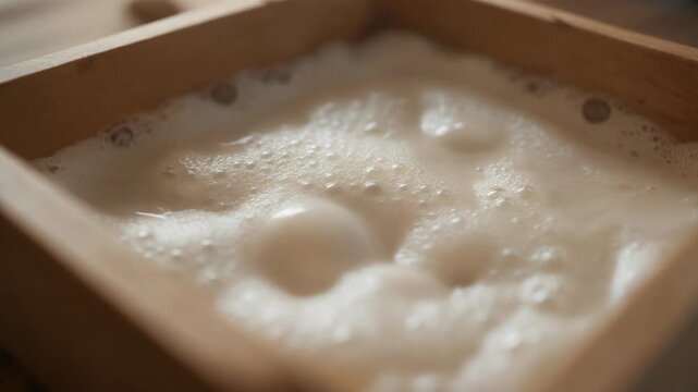 A wooden tray filled with frothy beer