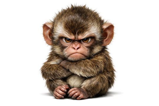 Grumpy baby monkey sitting with arms crossed for funny character concept isolated on white background
