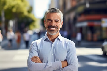 Obraz premium Portrait of a confident businessman smiling with arms crossed in a busy city center