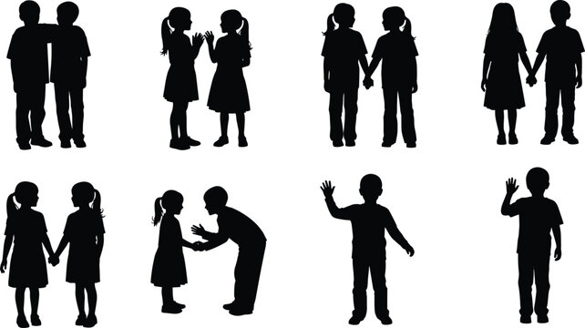 Children silhouettes set, kids standing and holding hands, boys and girls vector, child interaction poses, black silhouette illustration, isolated white background