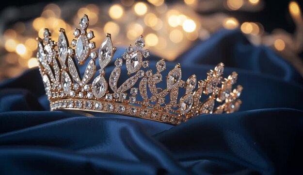 Luxury diamond tiara crown with crystal gemstones resting on dark navy blue velvet fabric, ornate bridal headpiece with marquise and teardrop cut diamonds