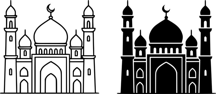Icon for Ramadan or Eid, vector illustration of the Grand Mosque, black and white in outline and silhouette design style