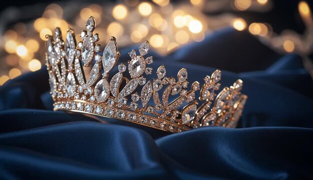 Luxury diamond tiara crown with crystal gemstones resting on dark navy blue velvet fabric, ornate bridal headpiece with marquise and teardrop cut diamonds