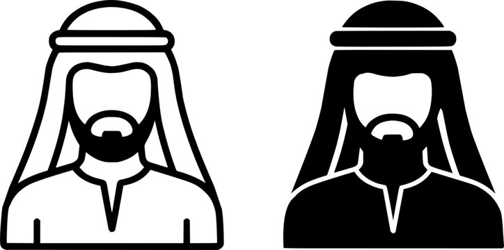 Icon for Ramadan or Eid, vector illustration of Arabian male avatar, black and white in outline and silhouette design style