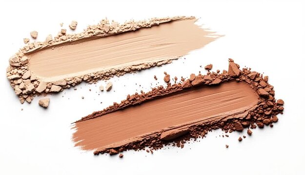 Makeup foundation and bronzer swatches on white background, creamy beige and brown cosmetic smears with crushed powder scattered around edges