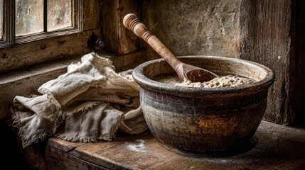 Fototapeta premium Bubbling Sourdough Starter in Rustic Bowl with Wooden Spoon