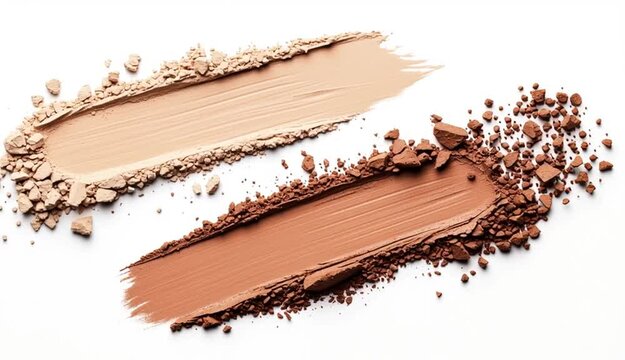 Makeup foundation and bronzer swatches on white background, creamy beige and brown cosmetic smears with crushed powder scattered around edges