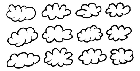 Set of hand drawn line art cloud png elements collection for illustration, logo, branding, poster, social media, web design, weather, and creative projects