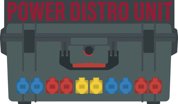 Professional portable power distro unit distribution box case with colorful outlet sockets for industrial cinema filmmaking event production electrical supply equipment.