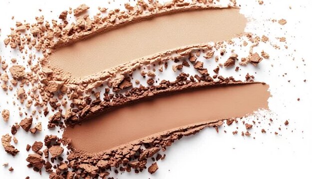 Makeup foundation and bronzer swatches on white background, creamy beige and brown cosmetic smears with crushed powder scattered around edges