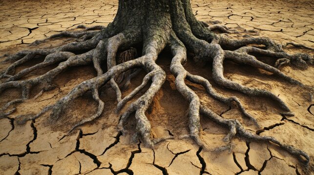 Gnarled exposed tree roots twisted and broken emerging from dry cracked earth