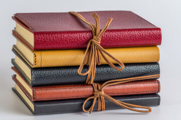A stack of leather notebooks of different colors, tied with a leather cord.