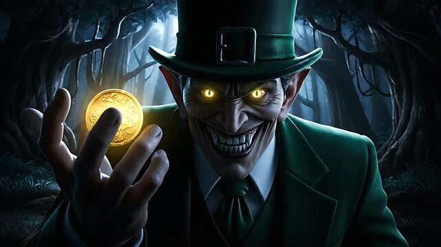 Sinister leprechaun character with glowing yellow eyes wearing a dark green top hat and suit, clutching a bright gold coin in a spooky forest setting.