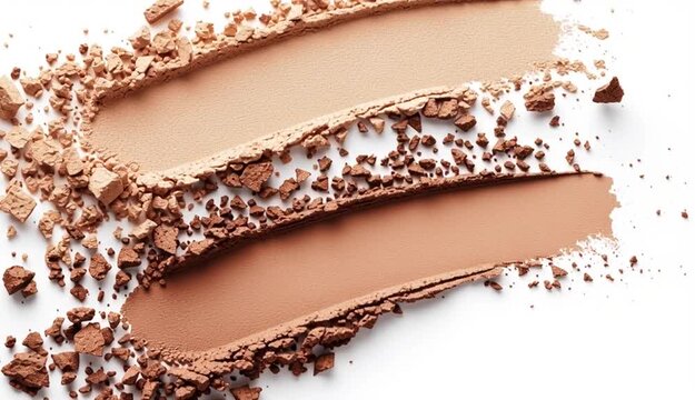 Makeup foundation and bronzer swatches on white background, creamy beige and brown cosmetic smears with crushed powder scattered around edges