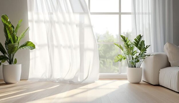 Bright minimalist Scandinavian living room, large French windows with white sheer curtains and heavy drapes, natural sunlight streaming through creating soft shadows on light wood floor