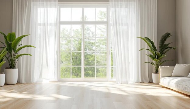 Bright minimalist Scandinavian living room, large French windows with white sheer curtains and heavy drapes, natural sunlight streaming through creating soft shadows on light wood floor