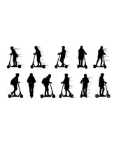 Naklejka premium Urban Mobility Silhouette Person Riding Electric Scooter City Transport Eco Commute Vector