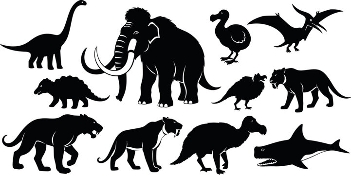 Collection of prehistoric and extinct animal silhouettes
