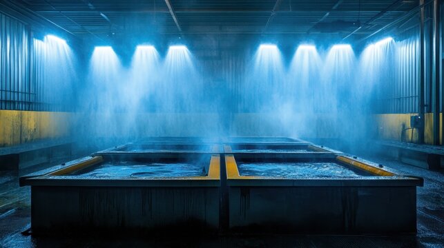Industrial decontamination station with multiple spray nozzles releasing mist over water tanks for sanitation and hygiene