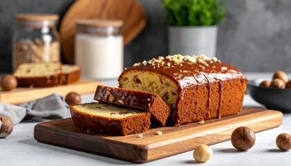 Delicious Homemade Loaf Cake with Nuts and Caramel Glaze on Wooden Board Ready to Serve Perfect for Breakfast or Dessert.