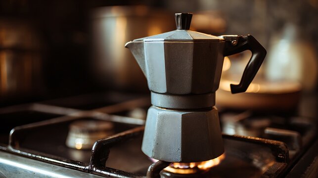 An isolated moka pot sits on a white background for making a hot espresso beverage, bringing the authentic taste of an cafe morning into your kitchen with every cup of caffeine