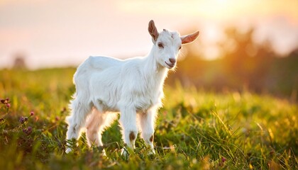 Fototapeta premium Cute White Goat in Meadow at Sunset Grazing in Golden Hour Light Farm Animal Photography.