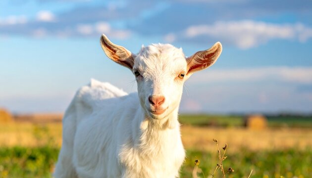 Adorable White Goat Grazing in a Sunny Meadow Close-Up Portrait with Sky and Clouds.