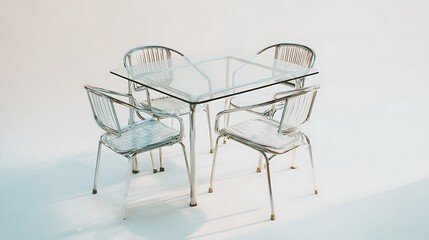 A glass patio table with four metal chairs on a white background.