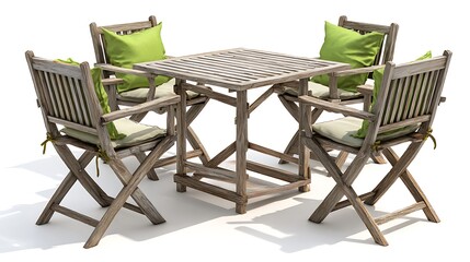 A wooden table and four chairs with green cushions on a white background.