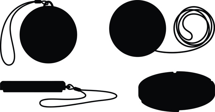 Black silhouette set of camera lens cap protective cover with keeper leash string holder cord for photography equipment security and loss prevention accessory gear.