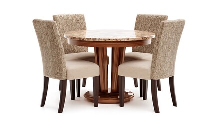 A round marble dining table with four upholstered chairs on a white background.