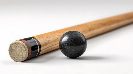 A pool cue and a black eight ball on a white surface.