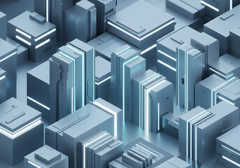 Futuristic cityscape with abstract geometric buildings and glowing blue lights, digital art