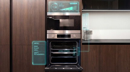Fototapeta premium Open stainless steel oven and microwave with smart AR HUD