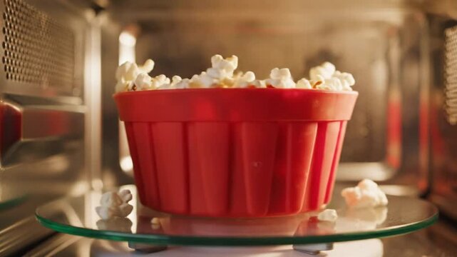 Red microwave popcorn bowl with popping kernels inside spinning on a glass plate