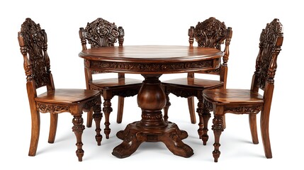 A beautifully crafted wooden dining table and chairs set against a plain white background.