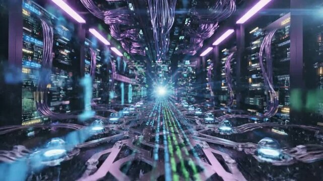 Futuristic Digital Cyber Tunnel with Data Stream and Glowing Light in a High Tech Computer Server Room