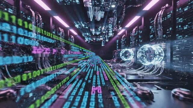 Futuristic server room with binary code streaming through space, digital data transfer, cybersecurity concept