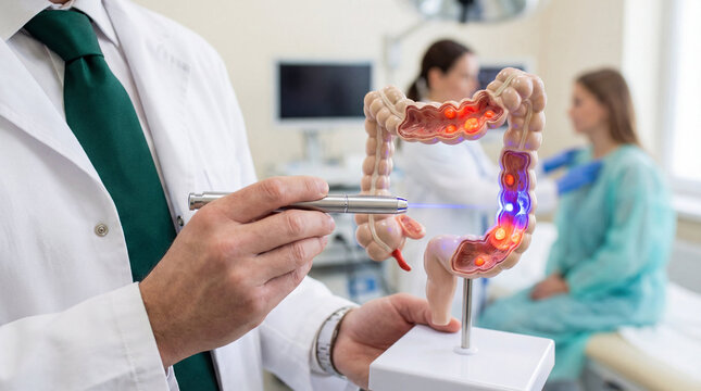 Doctor explains an illuminated colon model to a patient, discussing colorectal health, screening, polyps, and disease prevention