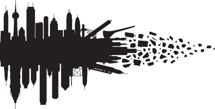 City Skyline Silhouette Disintegrating into Pieces Graphic Design