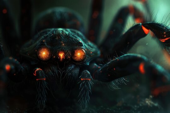 Giant spider with glowing eyes and algiz rune emerging from darkness, creating a fantasy or horror scene